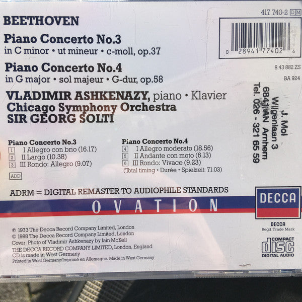 Ludwig van Beethoven, Vladimir Ashkenazy, Chicago Symphony Orchestra, Georg Solti : Piano Concertos 3 & 4 (CD, Comp, RM)
