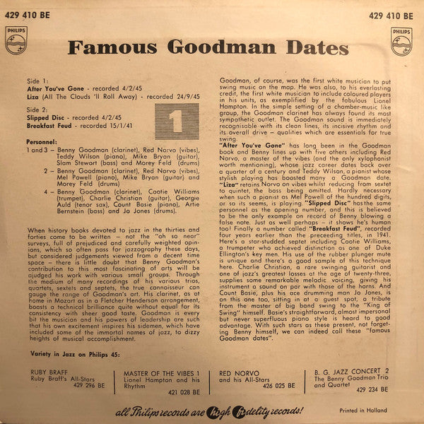 Benny Goodman Combos : Famous Goodman Dates No.1 (7", EP)