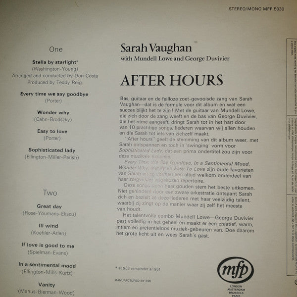 Sarah Vaughan With  Mundell Lowe And George Duvivier : After Hours (LP, Album, RE)
