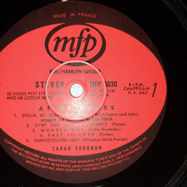 Sarah Vaughan With  Mundell Lowe And George Duvivier : After Hours (LP, Album, RE)