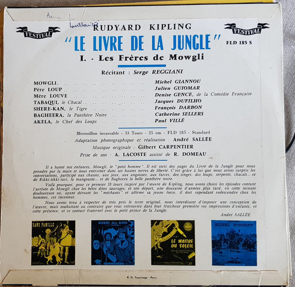 Rudyard Kipling Adaptation Et Réalisation André Sallée Avec Denise Gence De La Comédie Française, Et Serge Reggiani : Le Livre De La Jungle / N°1: Les Frères De Mowgli (10", Blu)