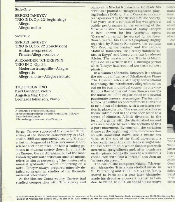 Sergey Ivanovich Taneyev / Alexander Tcherepnin - Odeon Trio : Trios (LP)