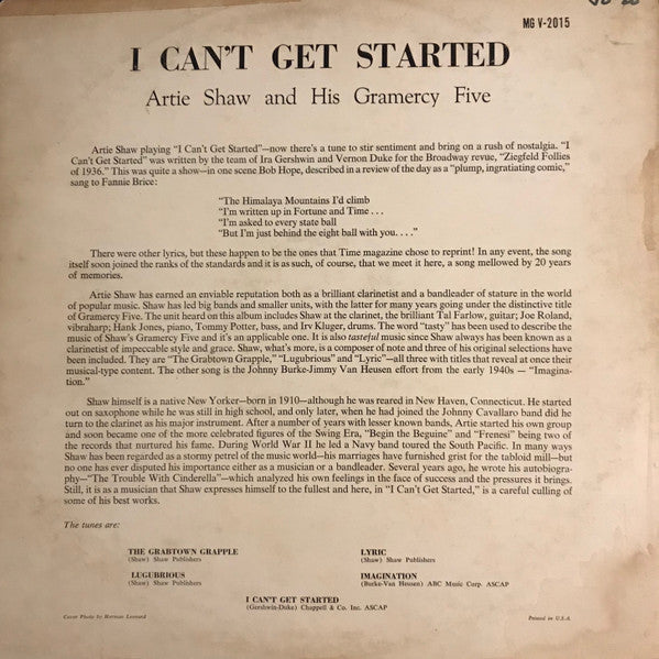 Artie Shaw And His Gramercy Five : I Can't Get Started... (LP, Album, Mono)