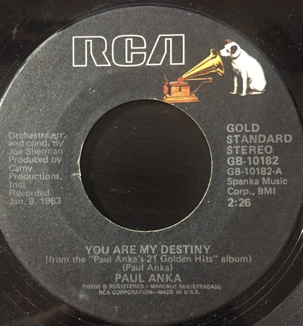 Paul Anka : You Are My Destiny / Tonight My Love, Tonight (7", Single, RE)