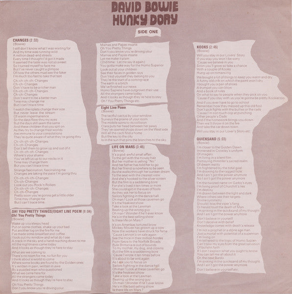 David Bowie : Hunky Dory (LP, Album, RP)