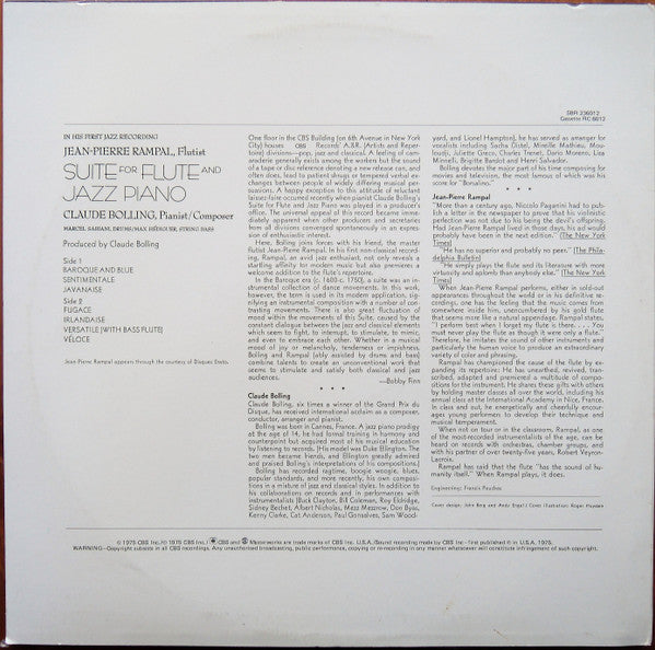 Jean-Pierre Rampal / Claude Bolling : Suite For Flute And Jazz Piano (LP, Album, RE)