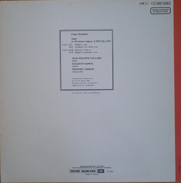 Franz Schubert - Jean-Philippe Collard, Augustin Dumay, Frédéric Lodéon : Piano Trio No. 2 D.929 (op. 100) (LP, Gat)