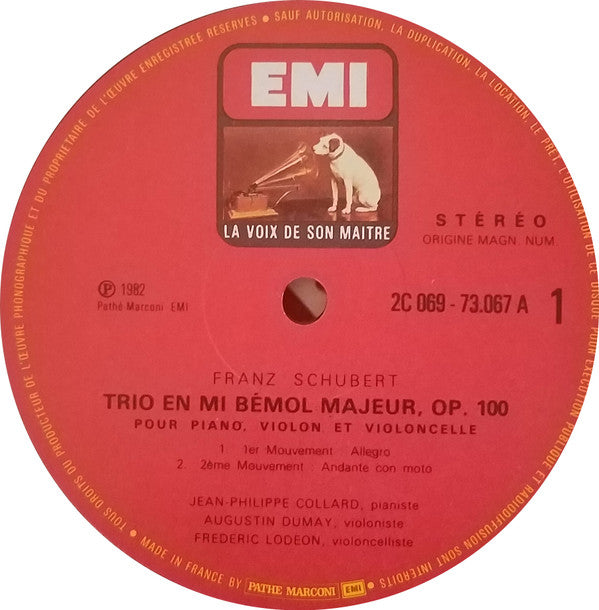 Franz Schubert - Jean-Philippe Collard, Augustin Dumay, Frédéric Lodéon : Piano Trio No. 2 D.929 (op. 100) (LP, Gat)