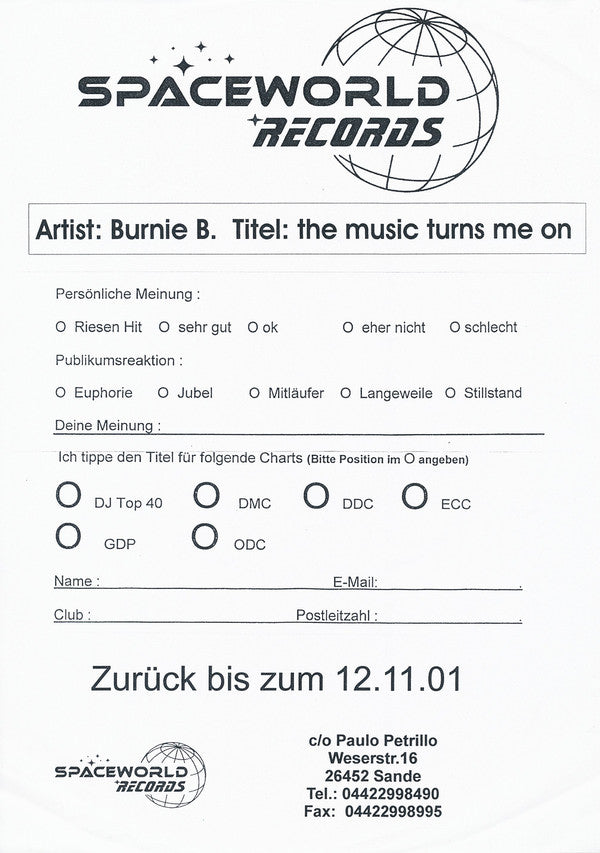 Burnie B : The Music Turns Me On (12", Promo, W/Lbl, Sta)
