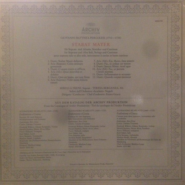 Giovanni Battista Pergolesi / Mirella Freni / Teresa Berganza, Solisti Dell'Orchestra "Scarlatti" Napoli, Ettore Gracis : Stabat Mater (LP, RP, Gat)