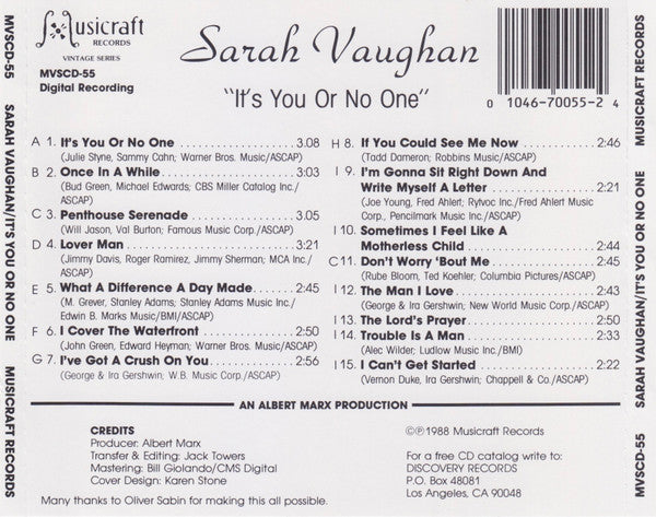 Sarah Vaughan : It's You Or No One (CD, Comp, Mono, RE)