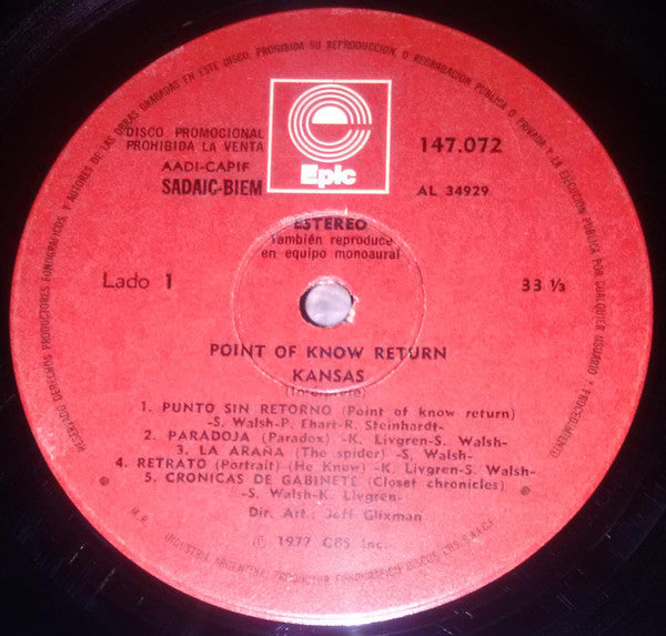 Kansas (2) : Point Of Know Return (LP, Album, Promo)
