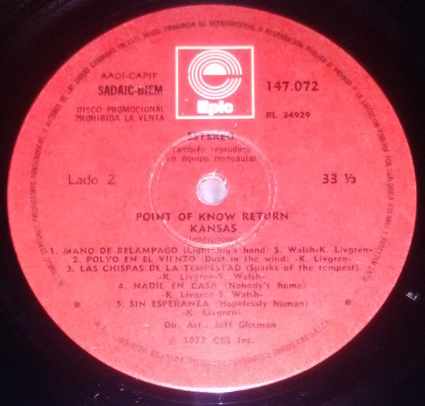 Kansas (2) : Point Of Know Return (LP, Album, Promo)