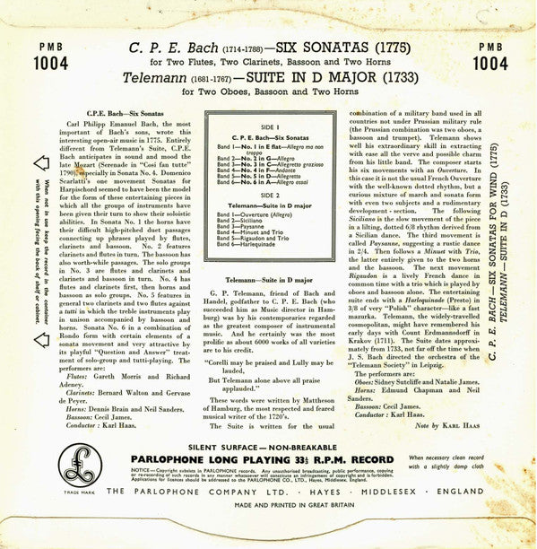 Carl Philipp Emanuel Bach / Georg Philipp Telemann / London Baroque Ensemble / Karl Haas : Six Sonatas For 2 Flutes, 2 Clarinets, Bassoon And 2 Horns (1775) / Suite In D Major For 2 Oboes, 2 Horns And Bassoon (1733) (10")