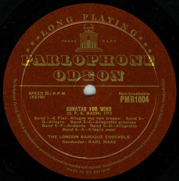 Carl Philipp Emanuel Bach / Georg Philipp Telemann / London Baroque Ensemble / Karl Haas : Six Sonatas For 2 Flutes, 2 Clarinets, Bassoon And 2 Horns (1775) / Suite In D Major For 2 Oboes, 2 Horns And Bassoon (1733) (10")