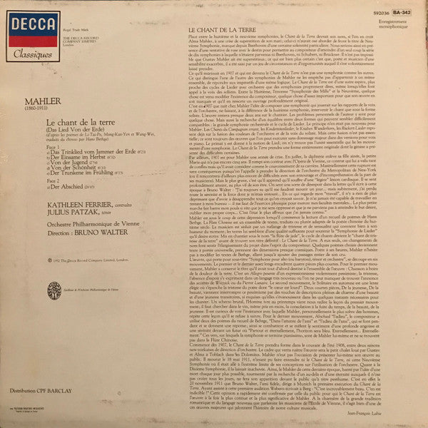 Gustav Mahler - Kathleen Ferrier, Julius Patzak, Wiener Philharmoniker, Bruno Walter : Le Chant De La Terre (LP, Album, RE)