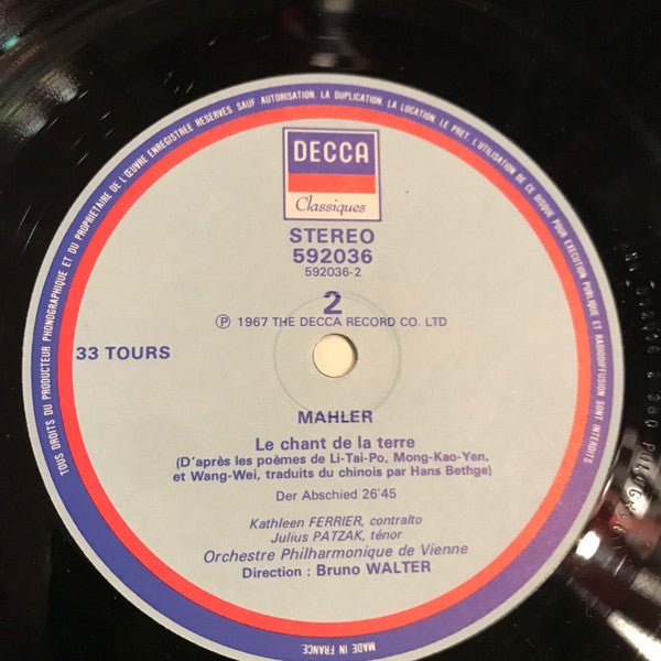 Gustav Mahler - Kathleen Ferrier, Julius Patzak, Wiener Philharmoniker, Bruno Walter : Le Chant De La Terre (LP, Album, RE)