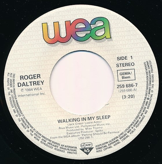 Roger Daltrey : Walking In My Sleep (7", Single)