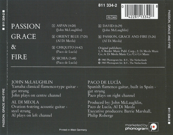 John McLaughlin, Al Di Meola, Paco De Lucía : Passion Grace & Fire (CD, Album, RE)