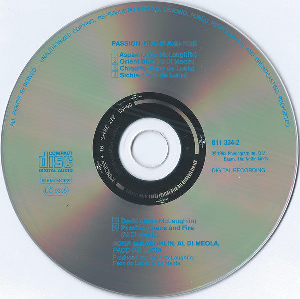 John McLaughlin, Al Di Meola, Paco De Lucía : Passion Grace & Fire (CD, Album, RE)