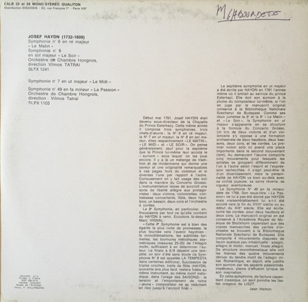 Joseph Haydn, Hungarian Chamber Orchestra, Vilmos Tátrai : Symphonie No. 6 En Ré Majeur "Le Matin" / Symphonie No. 8 En Sol Majeur "Le Soir" / Symphonie No. 7 en En Ut Mineur "Le Midi" / Symphonie No. 49  "La Passion" (2xLP, Album, Gat)