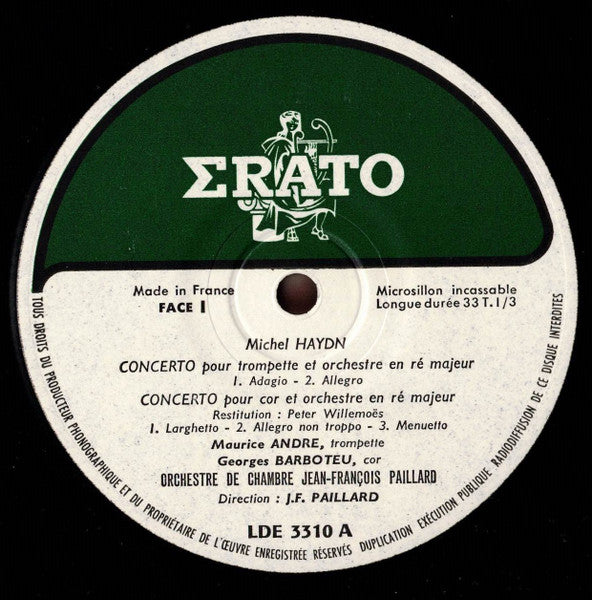 Michael Haydn / Maurice André, Georges Barboteu, Marie-Claire Alain, Marie-Thérèse Chailley-Guiard, Orchestre De Chambre Jean-François Paillard : Trois Concertos Pour Trompette, Cor, Orgue & Alto (LP, Mono)