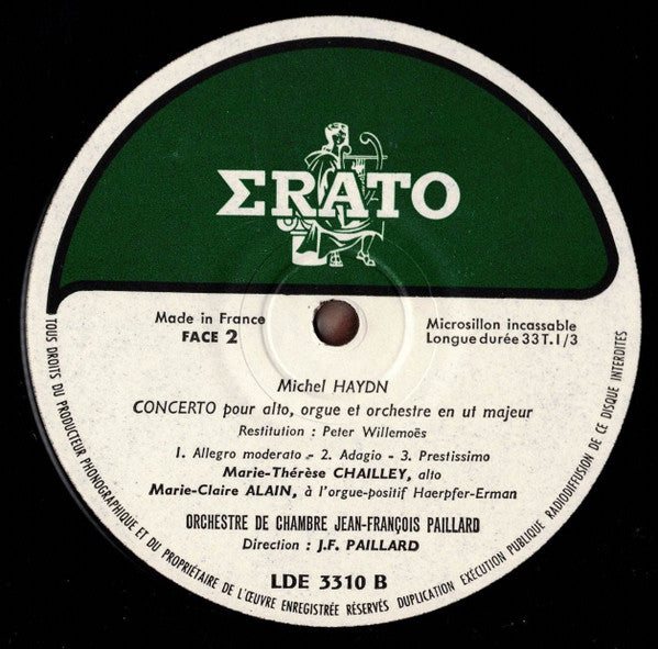 Michael Haydn / Maurice André, Georges Barboteu, Marie-Claire Alain, Marie-Thérèse Chailley-Guiard, Orchestre De Chambre Jean-François Paillard : Trois Concertos Pour Trompette, Cor, Orgue & Alto (LP, Mono)