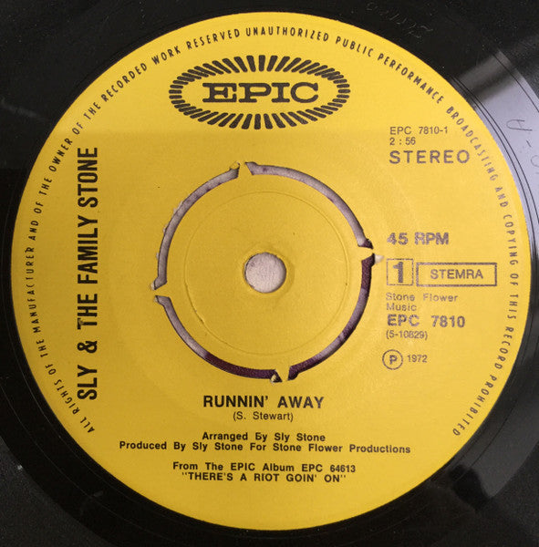 Sly & The Family Stone : Runnin' Away (7", Single, 4-p)