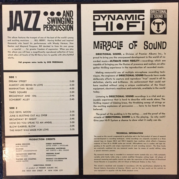 Bill Berry Quartet : Jazz & Swinging Percussion (LP, Album, Gat)