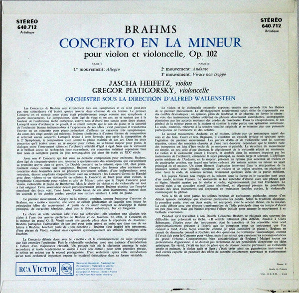 Johannes Brahms - Jascha Heifetz, Gregor Piatigorsky, Alfred Wallenstein : Concerto En La Mineur Pour Violon Et Violoncelle Op. 102 (LP, Album)