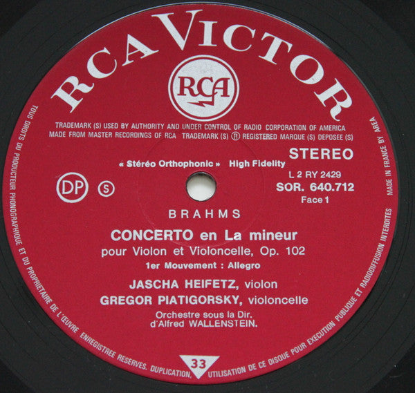 Johannes Brahms - Jascha Heifetz, Gregor Piatigorsky, Alfred Wallenstein : Concerto En La Mineur Pour Violon Et Violoncelle Op. 102 (LP, Album)