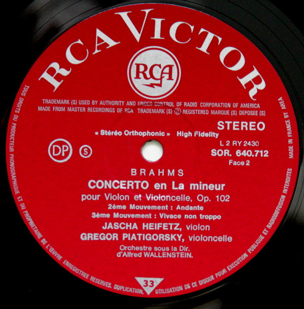 Johannes Brahms - Jascha Heifetz, Gregor Piatigorsky, Alfred Wallenstein : Concerto En La Mineur Pour Violon Et Violoncelle Op. 102 (LP, Album)