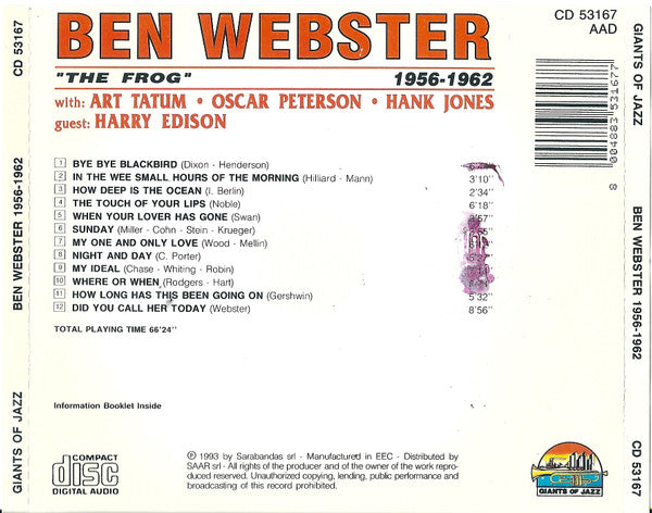 Ben Webster With: Art Tatum, Oscar Peterson, Hank Jones - Guest: Harry Edison : "The Frog" - 1956 - 1962 (CD, Comp, RP)