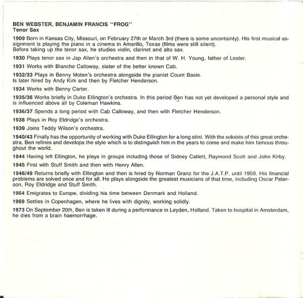 Ben Webster With: Art Tatum, Oscar Peterson, Hank Jones - Guest: Harry Edison : "The Frog" - 1956 - 1962 (CD, Comp, RP)