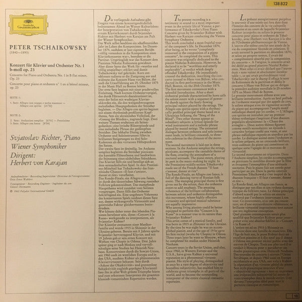 Pyotr Ilyich Tchaikovsky - Sviatoslav Richter ∙ Herbert von Karajan ∙ Wiener Symphoniker : Konzert Für Klavier Und Orchester Nr. 1 B-moll (LP, RE)