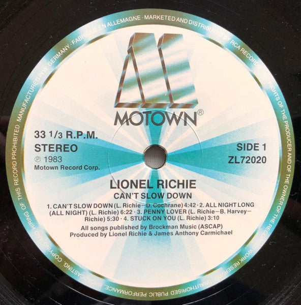Lionel Richie : Can't Slow Down (LP, Album, RE, Gat)