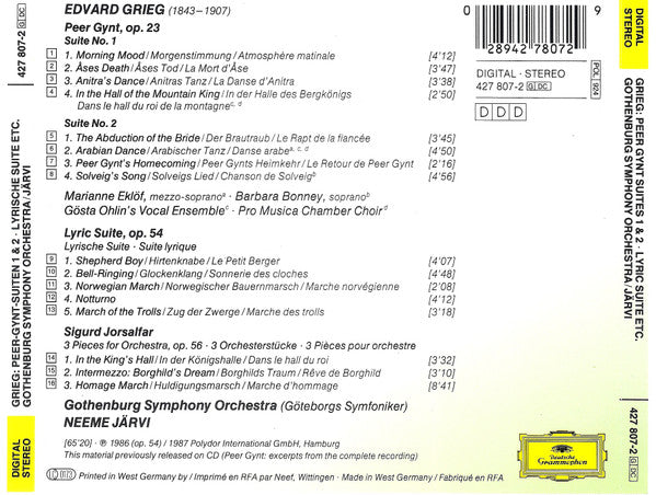 Edvard Grieg : Göteborgs Symfoniker, Neeme Järvi : Peer Gynt Suites 1 & 2・Lyric Suite・Sigurd Jorsalfar (CD, RE)