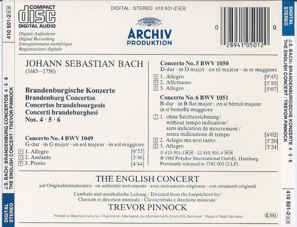 Johann Sebastian Bach – The English Concert, Trevor Pinnock : Brandenburgische Konzerte 4•5•6 = Brandenburg Concertos = Concertos Brandebourgeois (CD, Album, RE)