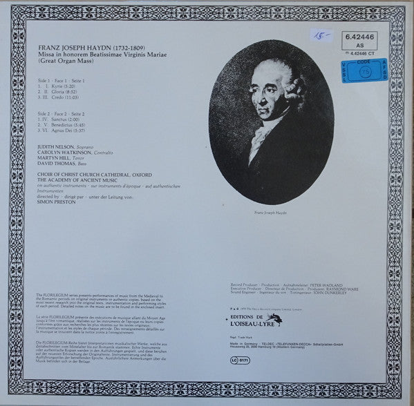 Joseph Haydn - Judith Nelson, Carolyn Watkinson, Martyn Hill, David Thomas (9), The Choir Of Christ Church Cathedral, The Academy Of Ancient Music, Simon Preston : Messe Nr. 4 Es-Dur (»Grosse Orgel-Solo-Messe«) (LP)