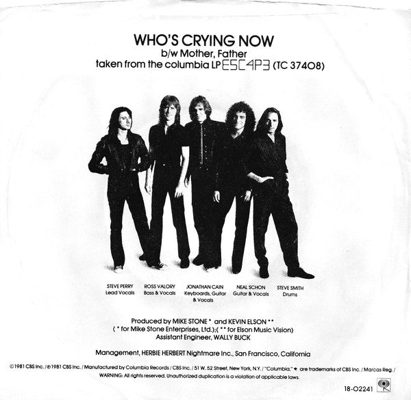 Journey : Who's Crying Now (7", Single, Pit)
