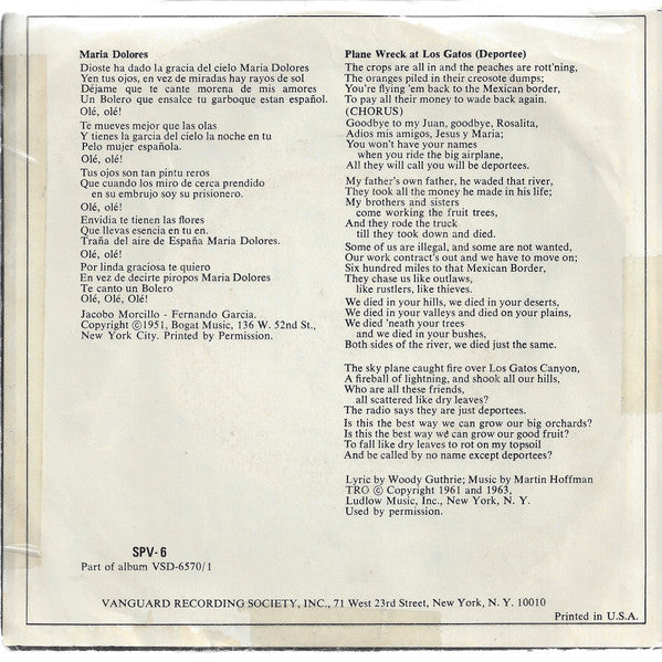 Joan Baez : Maria Dolores / Deportee (Plane Wreck At Los Gatos) (7", Single, Gol)