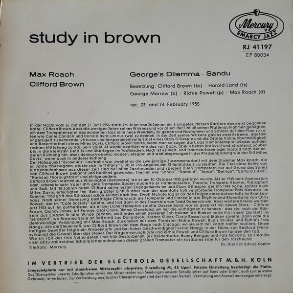 Clifford Brown and Max Roach : Study In Brown (7", EP)