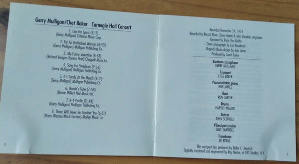 Gerry Mulligan / Chet Baker : Carnegie Hall Concert (CD, Album, RE, RM, RP)