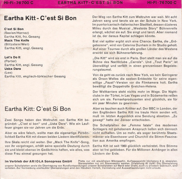Eartha Kitt : C'Est Si Bon (7", EP, Mono)