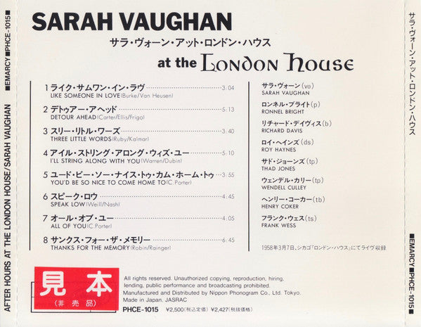 Sarah Vaughan : After Hours At The London House (CD, Album, RE)