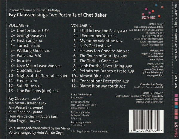 Fay Claassen : Fay Claassen Sings Two Portraits Of Chet Baker (In Remembrance Of His 75th Birthday) (2xCD, Album, Comp)
