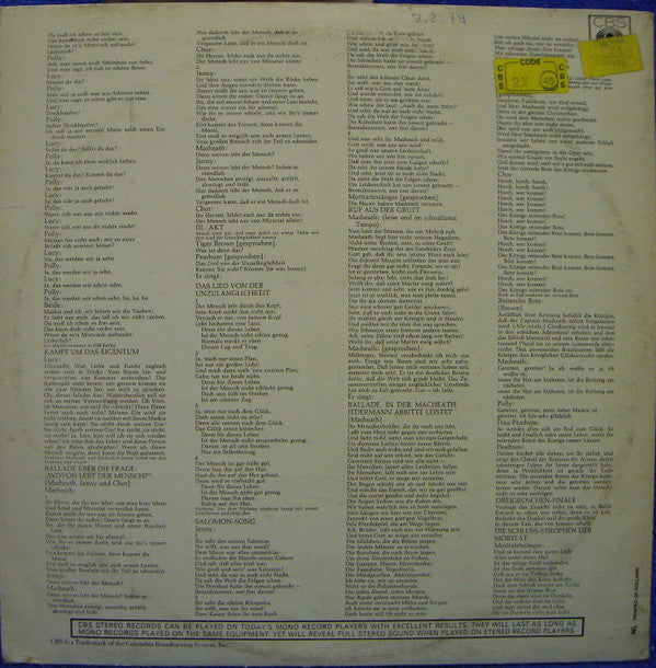 Kurt Weill, Bertolt Brecht, Lotte Lenya : Die Dreigroschenoper (2xLP, RE)