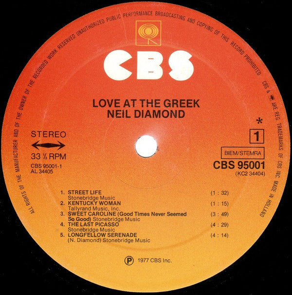 Neil Diamond : Love At The Greek - Recorded Live At The Greek Theatre (2xLP, Album, Gat)