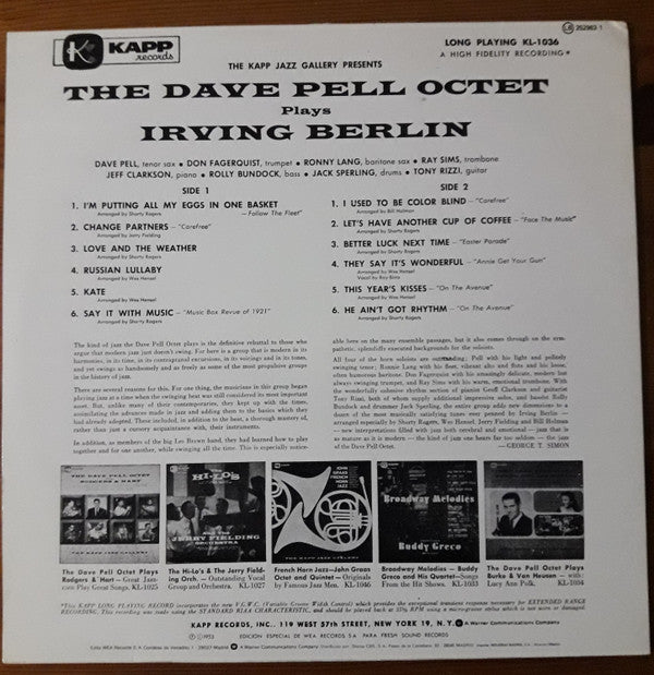 Dave Pell Octet : The Dave Pell Octet Plays Irving Berlin (LP, Album, Mono, RE)