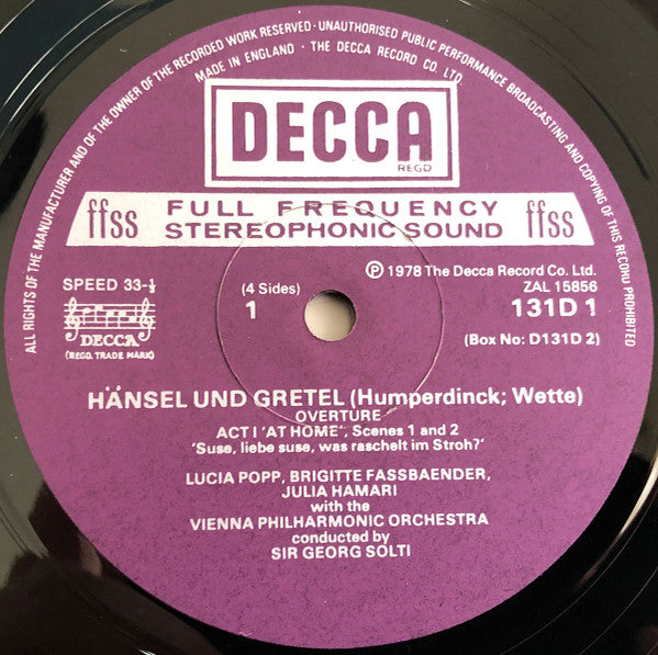 Engelbert Humperdinck (2), Brigitte Fassbaender, Lucia Popp, Walter Berry, Julia Hamari, Anny Schlemm, Norma Burrowes, Edita Gruberova, Georg Solti, Wiener Philharmoniker, Die Wiener Sängerknaben : Hänsel & Gretel (2xLP + Box)